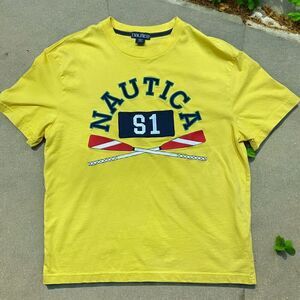 Nautica Vintage 90s Rowing Embroidered Yellow T-Shirt Men's Size Medium